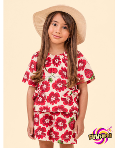 Conjunto blusa e shorts Animê flor morangos cerejas