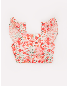 Blusa Cropped Alça Algodão Estampado Flores Ramos e Ursas Pituchinhus