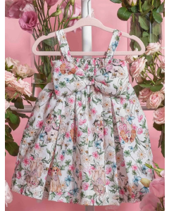 Vestido Algodão Estampa Cachorros e Flores Maxi Laço Com Calcinha Pituchinhus